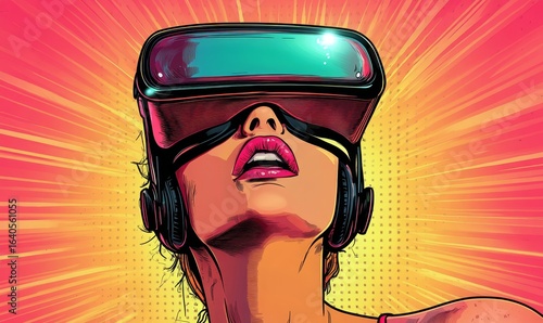 Emotional young woman in VR glasses, crying while playing video games, captured in a pop art style, illustrating the powerful connection between virtual reality and emotional, Generative AI