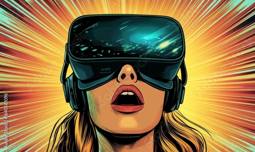 Emotional young woman in VR glasses, crying while playing video games, captured in a pop art style, illustrating the powerful connection between virtual reality and emotional, Generative AI