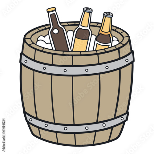 Three assorted beer bottles are chilling in a wooden ice bucket, transparent background