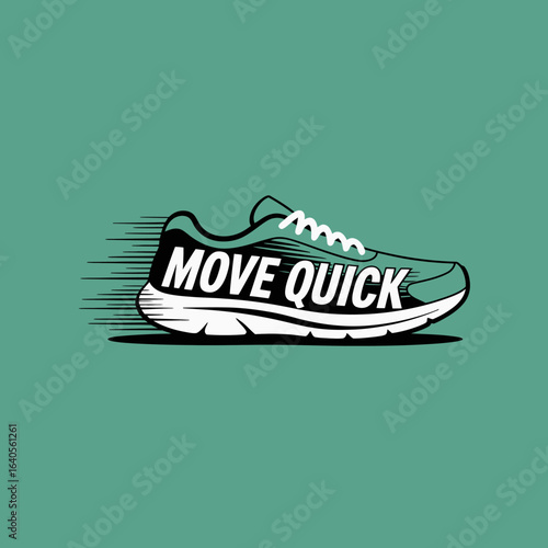 Dynamic running shoe with motion lines and text 'move quick' symbolizing speed and athleticism for active lifestyles vector