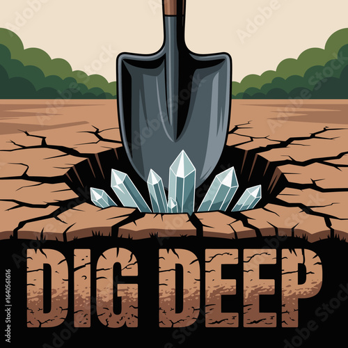 Shovel digging for crystal treasures unearthing geode gemstones revealing earth's hidden riches and resources vector