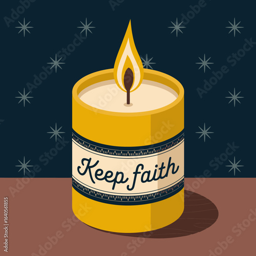 Hopeful yellow candle with "keep faith" label burns brightly against a starry night sky symbolic of spiritual guidance and inner peace vector