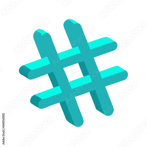 Isometric cyan hashtag symbol isolated on white background in three dimensions