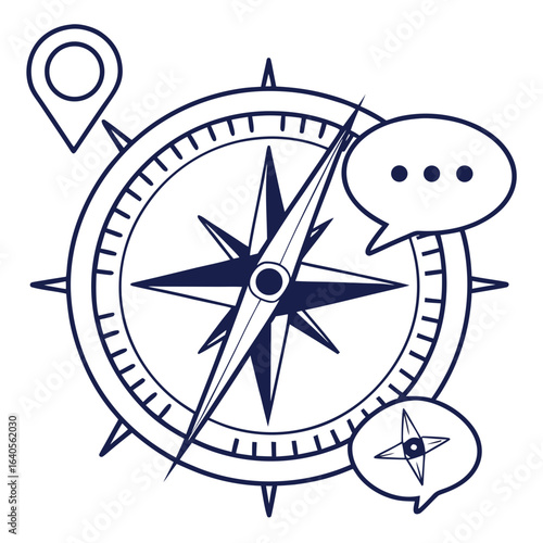 Blue compass with chat bubbles and location pin isolated on white background
