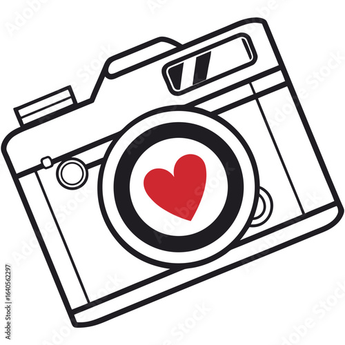 Vintage camera with a heart on the lens isolated on white background