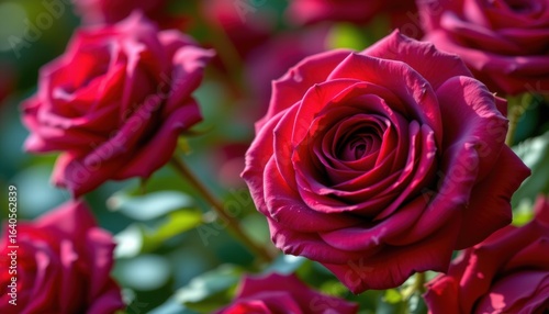 A scene where a cluster of lush, burgundy roses blooms vibrantly, their velvety petals unfurling in a cascade of rich tones that evoke feelings of warmth and love, Each rose