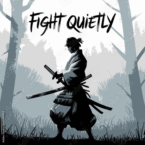 Dynamic ink brush style depiction of a solitary samurai warrior holding two katana swords amidst a misty forest scene with japanese text "fight quietly" vector