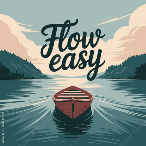 Serene river journey with a lone wooden boat amidst tranquil waters and distant misty mountains embodying a peaceful flowing existence vector