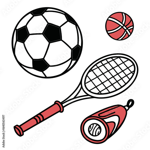 Sports equipment including a soccer ball, tennis racket, and basketball isolated on white background