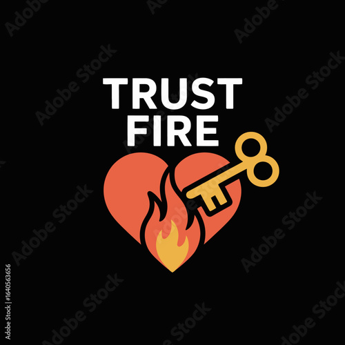 Trust fire logo design with fiery heart key and bold typography for security branding vector