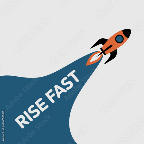 Rocket ship ascending with "rise fast" text trail symbolizing growth and rapid advancement in business and technology concepts vector