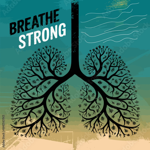 Distressed flat design representation of human lungs as a tree symbolizing strength health and respiratory well-being breathe strong concept vector