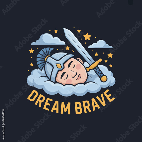 Brave warrior sleeps peacefully on clouds amongst stars with sword and dream brave text inspiring courageous slumber and adventurous dreams vector