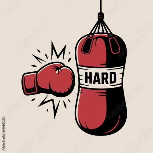 Red boxing glove delivering a powerful impact to a hanging punching bag labeled hard on a lightly colored textured background vector