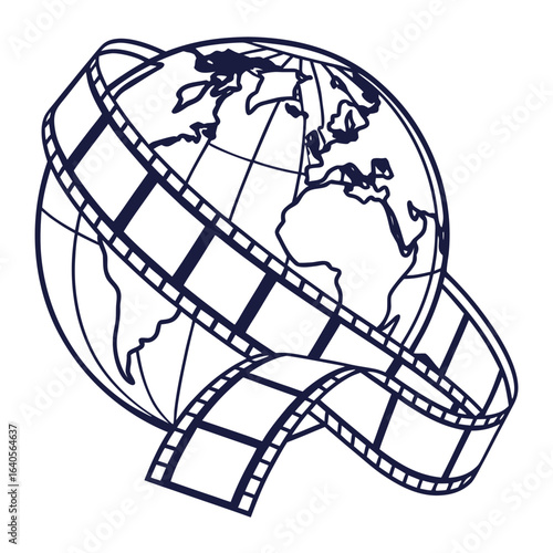 Film reel encircling a globe, representing international cinema isolated on white background
