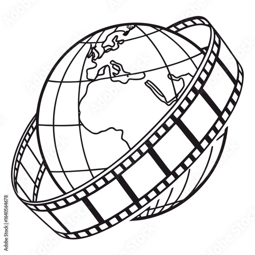 Globe encircled by a film strip isolated on white background