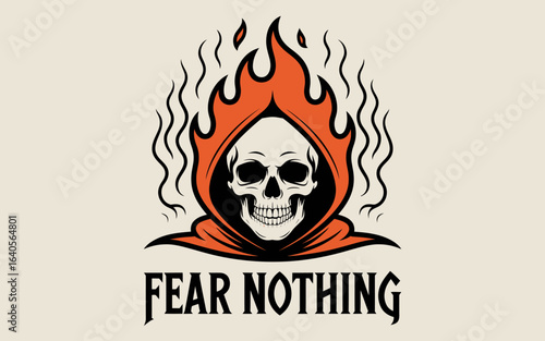 Fiery grim reaper skull emblem with 'fear nothing' text motivational and tattoo art style design vector