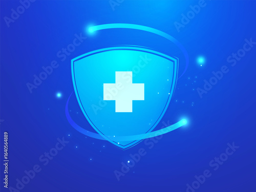 Medical Health with Digital Hologram Technology protection shield and medical cross symbol vector design concept. Modern Medical shield technology for ui, Healthcare, Pharmacy, Hospital, medical tech.