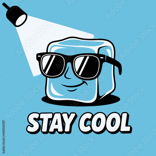 Cool ice cube character wearing sunglasses under spotlight with stay cool text graphic design for summer and refreshment themes vector