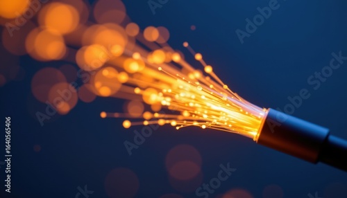 Create a close up image of the end of a fiber optic cable with glowing light effects on a dark blue background