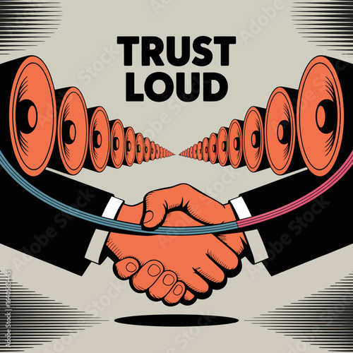 Trust loud graphic poster design featuring hands shaking amidst repeating speakers and sound waves communicating powerful audio messages vector