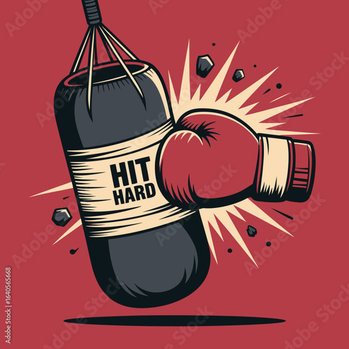 Dynamic punching bag and boxing glove dynamic motion impact graphic artwork for sports fitness and combat training themes vector