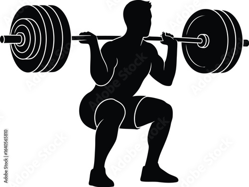 A weightlifter performs a squat with a barbell, a silhouette of strength and fitness