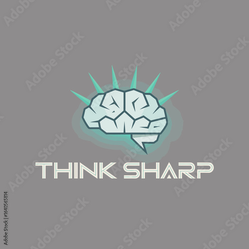 Bright idea brain graphic with 'think sharp' text promotes innovation and intelligence concepts vector