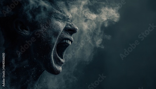 Screaming face, smoke, dark background, emotional distress, mental health