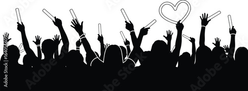 Silhouette of a crowd cheering at a concert, with hands raised and love signs, a vector illustration for events and celebrations