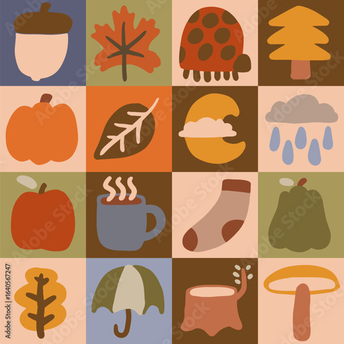 Autumn Items Box Pattern with Doodle Style. Foliage, Pumpkin, Leaves, Acorn, Apple, Mushroom, Ladybug.  