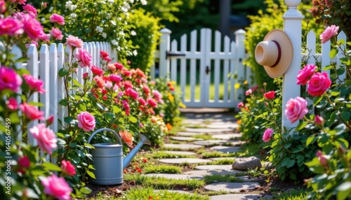 A garden pathway lined with blooming roses leading to a white picket gate, a watering can resting beside the path, and a wide brimmed straw hat hanging from the gate post
