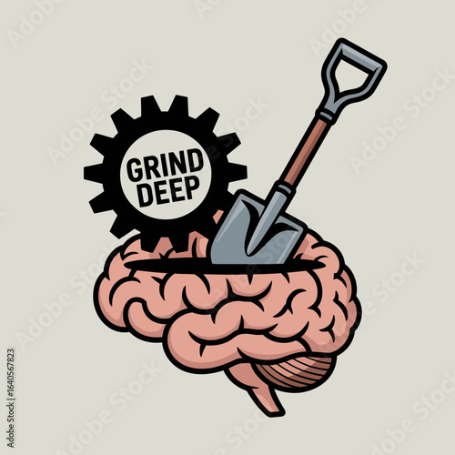 Conceptual art symbolizing deep mental effort and intellectual discovery with shovel digging into brain and gear vector