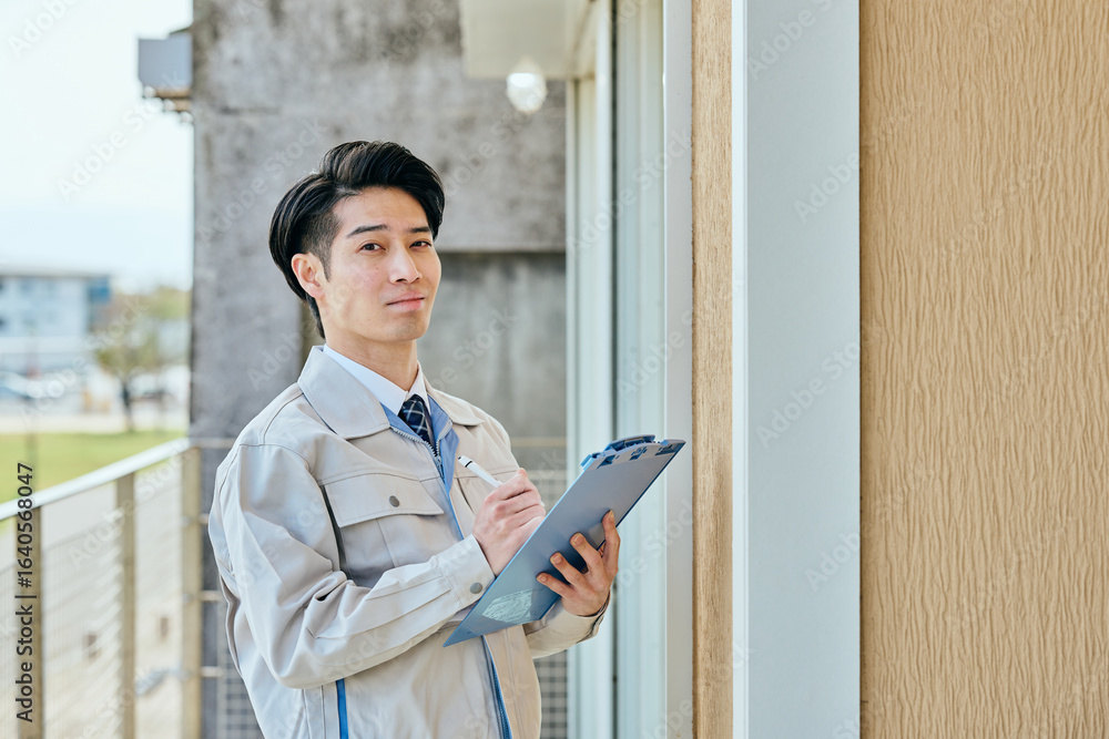 Fototapeta premium 建物を確認する作業服姿の男性