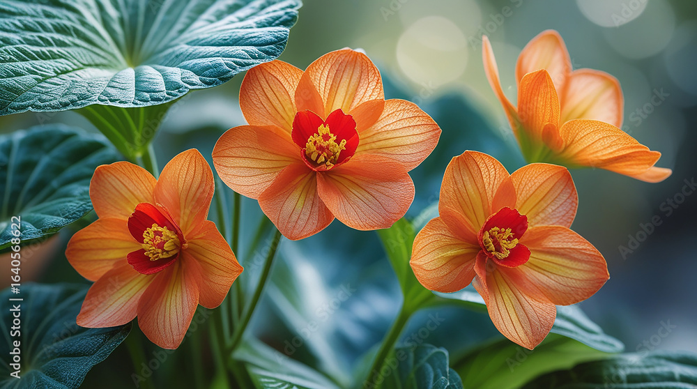 custom made wallpaper toronto digitalElegant Orange Begonia Flowers with Red Centers and Green Foliage in Soft Light