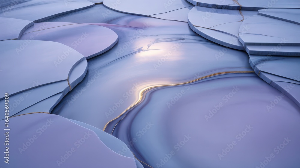 Fototapeta premium Swirling Light Blue Abstract Art with Golden Veins and Circular Shapes