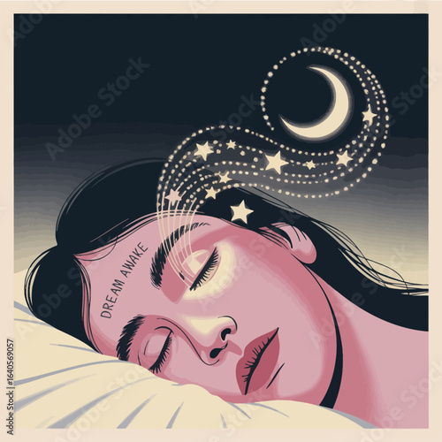 Surreal dreamscape with crescent moon and swirling stars emanating from sleeping person's head vector
