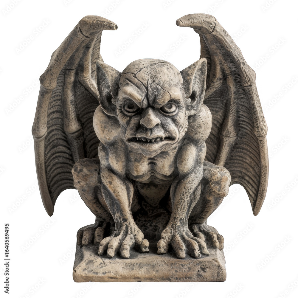 Fototapeta premium Detailed Stone Gargoyle Sculpture with Spread Wings on Transparent Background