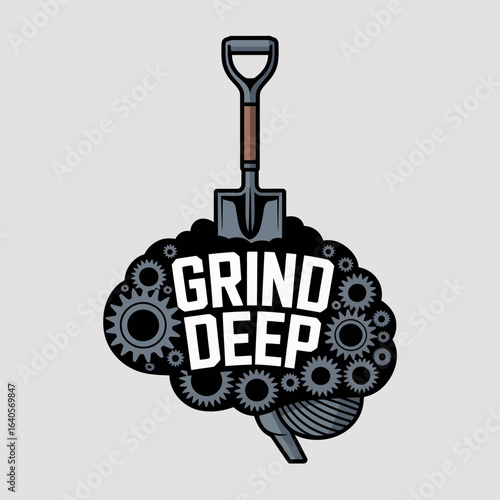 Shovel digging into brain symbol with gears and text grind deep concept for hard work motivation and intellectual effort vector