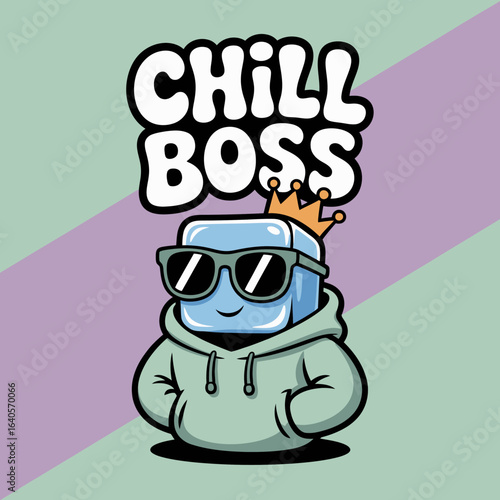 Cool ice cube character wearing sunglasses and hoodie with crown enjoying a chill vibe typography graphic vector