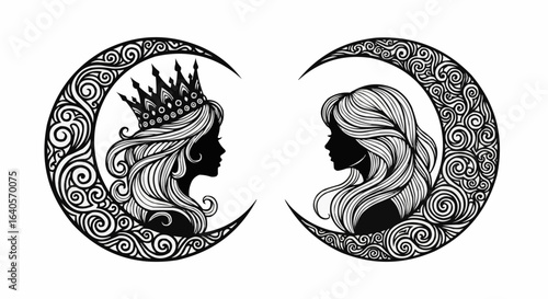 Black vector silhouette portrait of fairy tale princess with long hair and crescent moon stock 