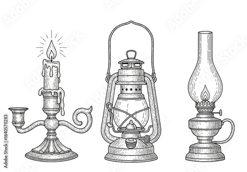 Three vintage light sources: a candlestick with a burning candle, a lantern with a handle, and an oil lamp with a glass chimney.