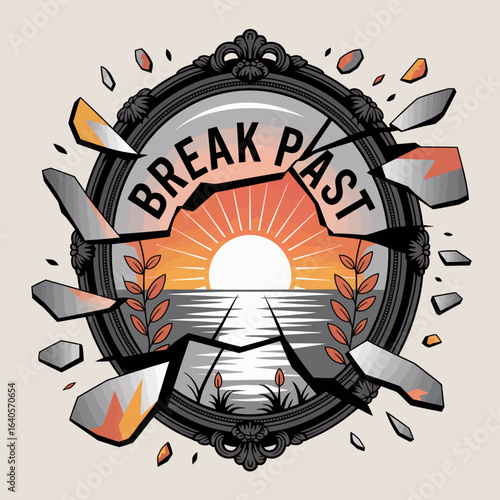 Broken mirror revealing a serene sunrise over a calm sea symbolizing new beginnings hope and transformation vector