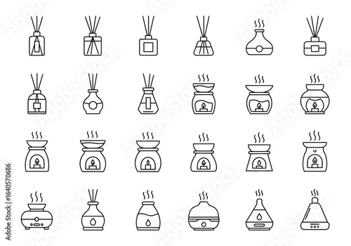 A collection of line art icons depicting various types of aromatherapy diffusers and oil warmers, arranged in a grid pattern.