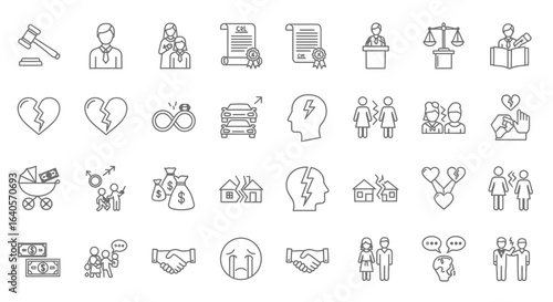 A collection of line art icons depicting legal and relationship concepts, including law, divorce, family, and emotional states.