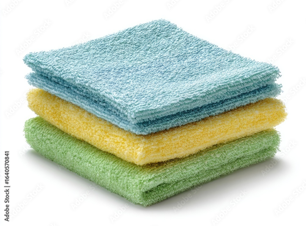 Three colorful cleaning cloths stacked Three colorful cleaning cloths stacked