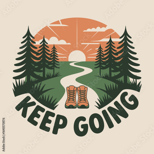 Inspirational journey scene with hiking boots and winding path towards a sunset motivational message keep going vector