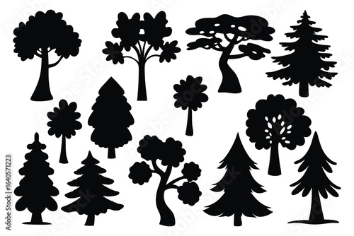 Different park, forest, conifer cartoon trees silhouettes set isolated flat vector illustration on white background.