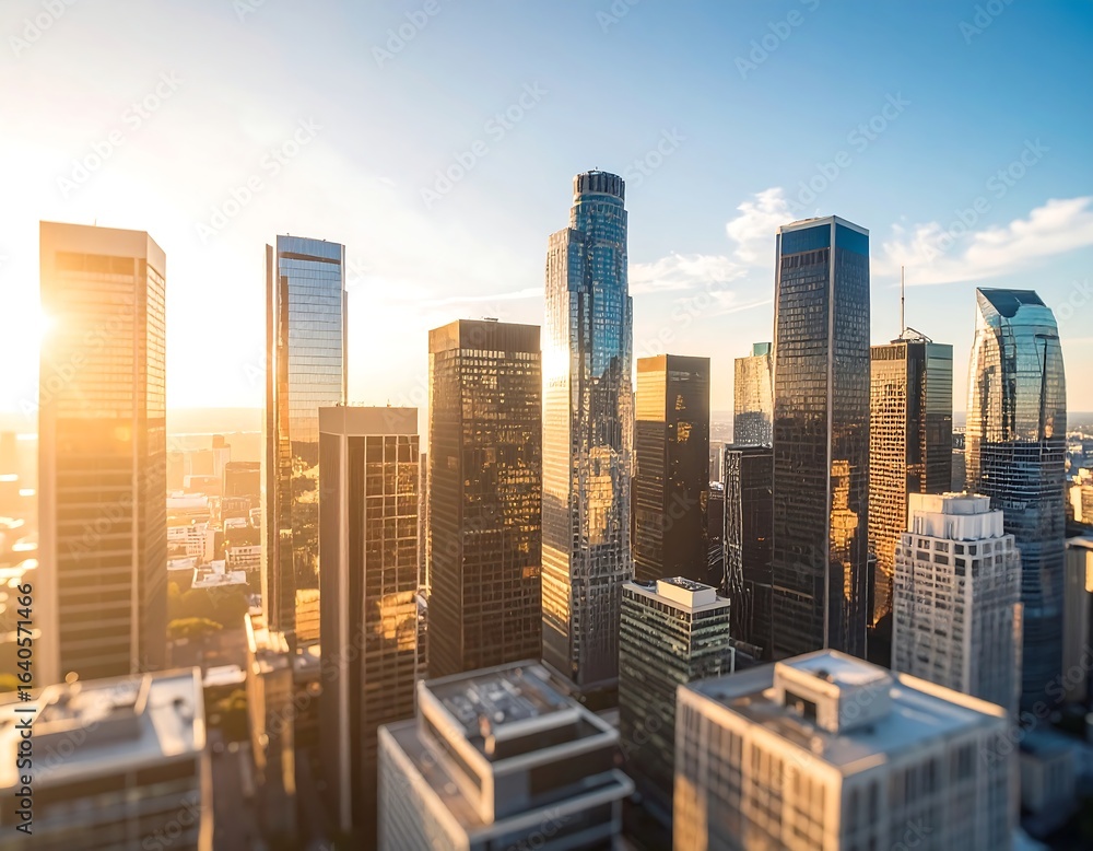 Fototapeta premium Golden hour sunlight bathes a cityscape of skyscrapers