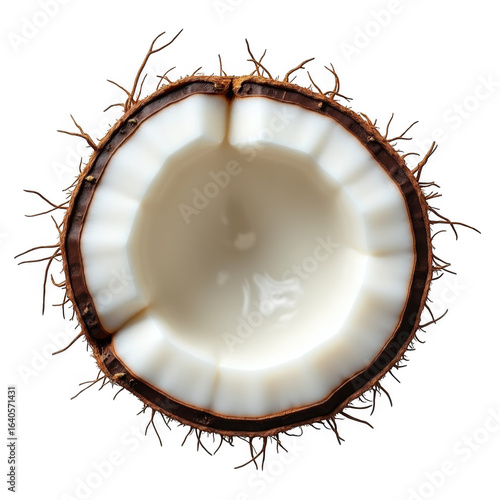 A realistic top view of a freshly cut coconut isolated on transparent background